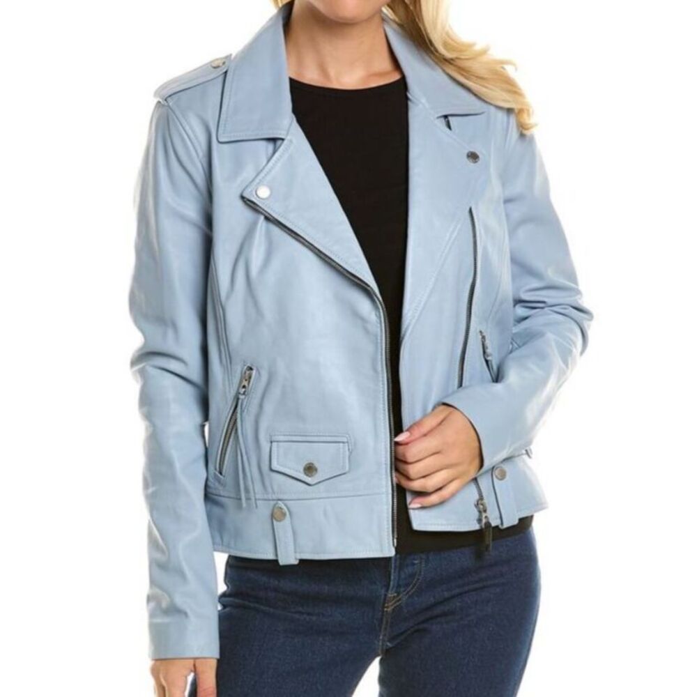 Rudsak Mergo Leather Moto Jacket Powder Blue Multi Full Zip Long Sleeve Lined XS